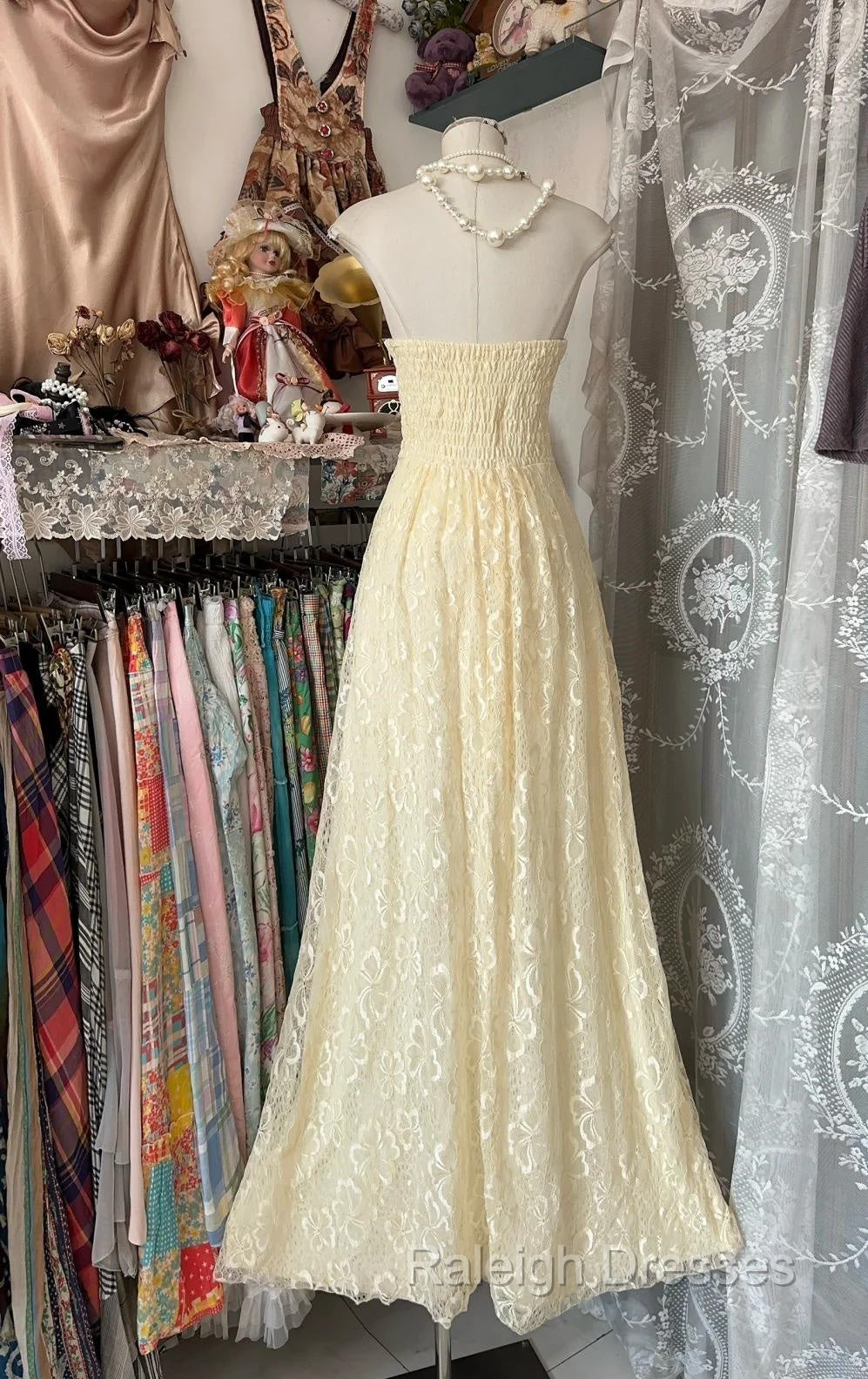 Beautiful A-Line Light Yellow Lace Strapless Prom Dress Cute Birthday Party Dress