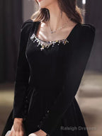 Beautiful A Line Long Sleeves Black Velvet Long Prom Dress