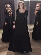 Beautiful A Line Long Sleeves Black Velvet Long Prom Dress
