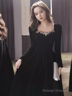 Beautiful A Line Long Sleeves Black Velvet Long Prom Dress