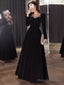 Beautiful A Line Long Sleeves Black Velvet Long Prom Dress