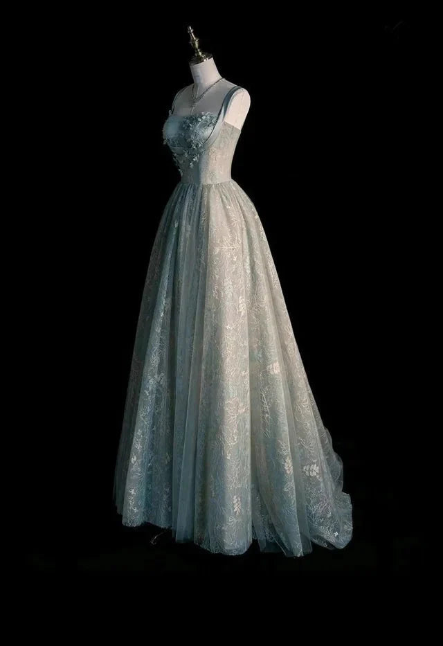 Beautiful A-Line Sage Green Long Tulle Prom Dresses