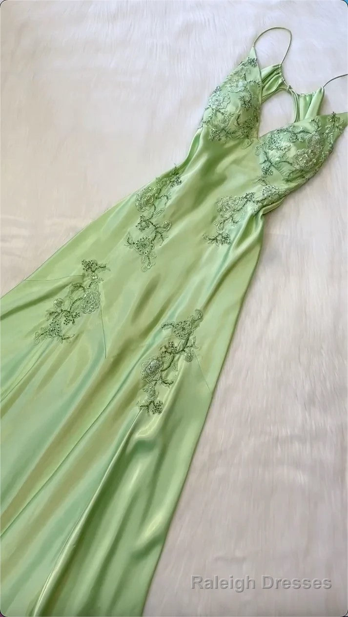 Beautiful A Line Spaghetti Straps Green Long Prom Dresses Backless Satin Evening Gowns Secondary image