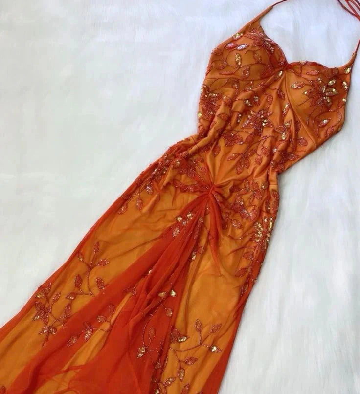 Beautiful A-Line Spaghetti Straps Orange Chiffon Prom Dresses With Beads