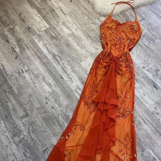 Beautiful A-Line Spaghetti Straps Orange Chiffon Prom Dresses With Beads