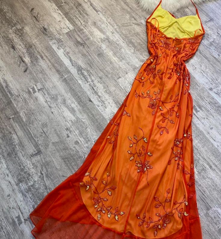 Beautiful A-Line Spaghetti Straps Orange Chiffon Prom Dresses With Beads
