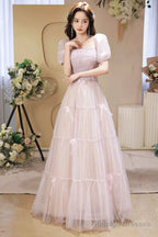 Beautiful A-Line Tulle Long Prom Dresses A-Line Short Sleeve Prom Dresses