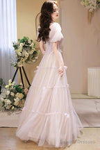 Beautiful A-Line Tulle Long Prom Dresses A-Line Short Sleeve Prom Dresses