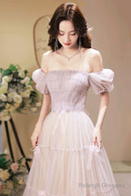 Beautiful A-Line Tulle Long Prom Dresses A-Line Short Sleeve Prom Dresses