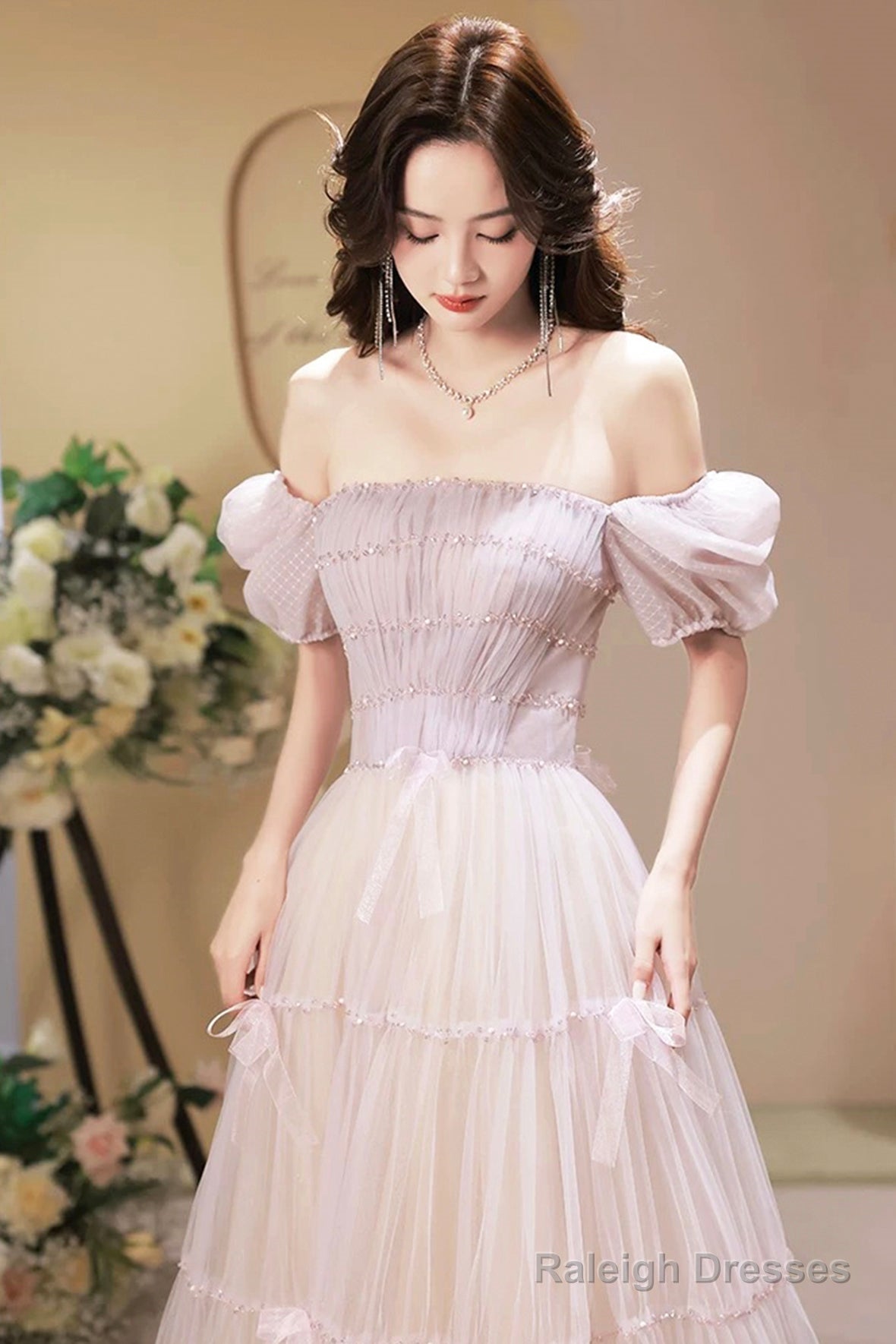 Beautiful A-Line Tulle Long Prom Dresses A-Line Short Sleeve Prom Dresses