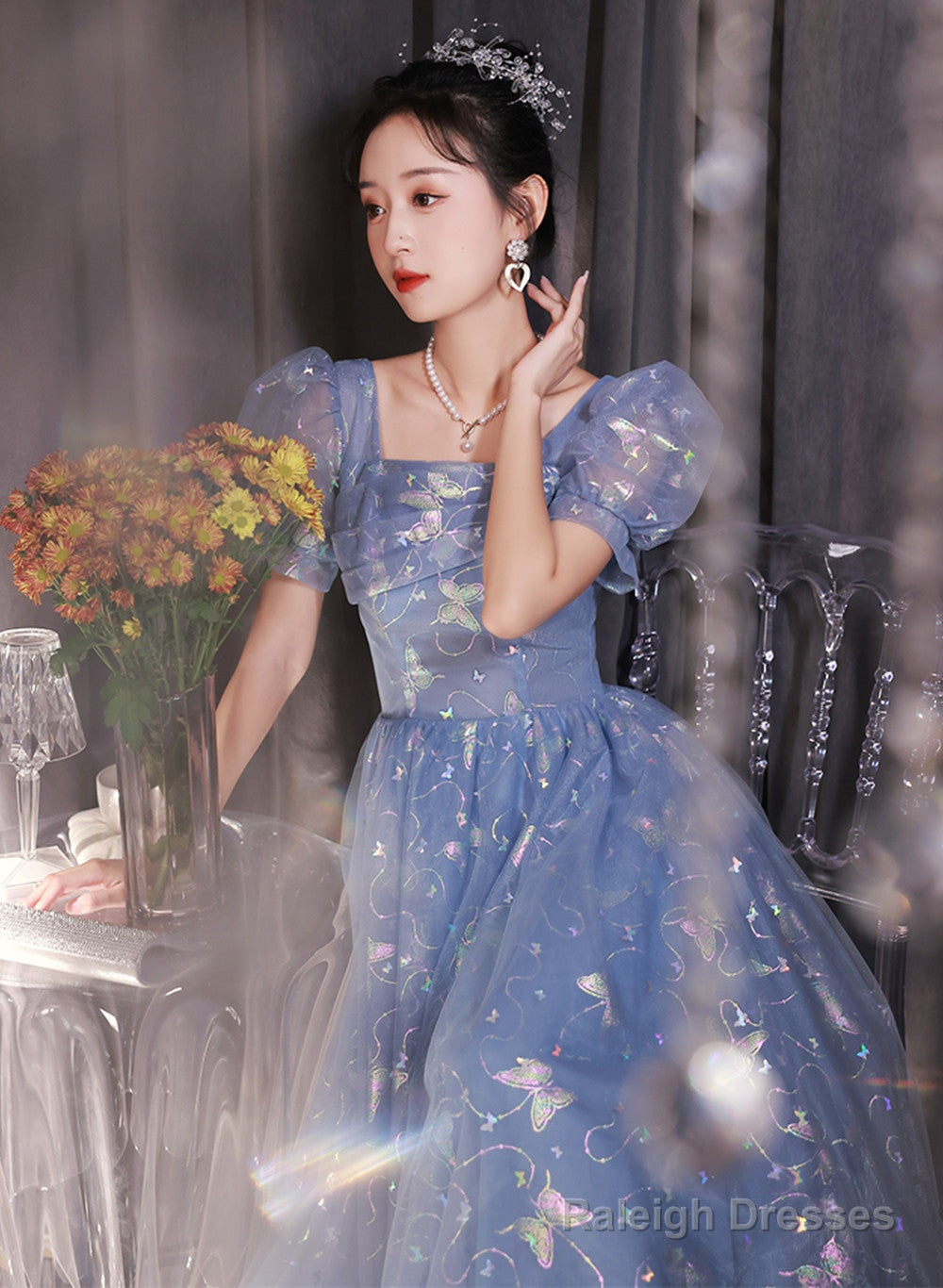 Beautiful A-Line Tulle Short Sleeves Formal Dress, Lovely Tulle Long Formal Dress Prom Dress Secondary image