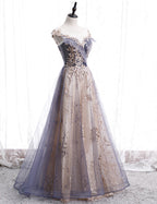 Beautiful A-Line Tulle With Lace Applique Prom Dresses Tulle Long Prom Dresses