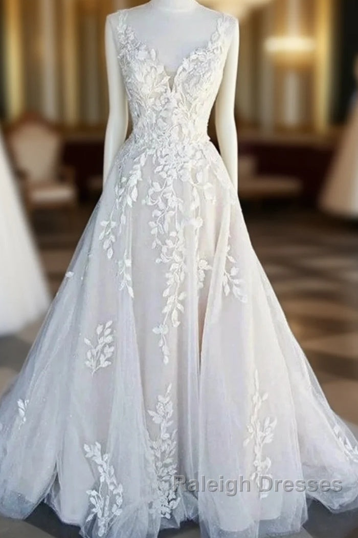 Beautiful A-Line V-Neck Floor Sweeping Skirt With Lace Wedding Dresses Main image