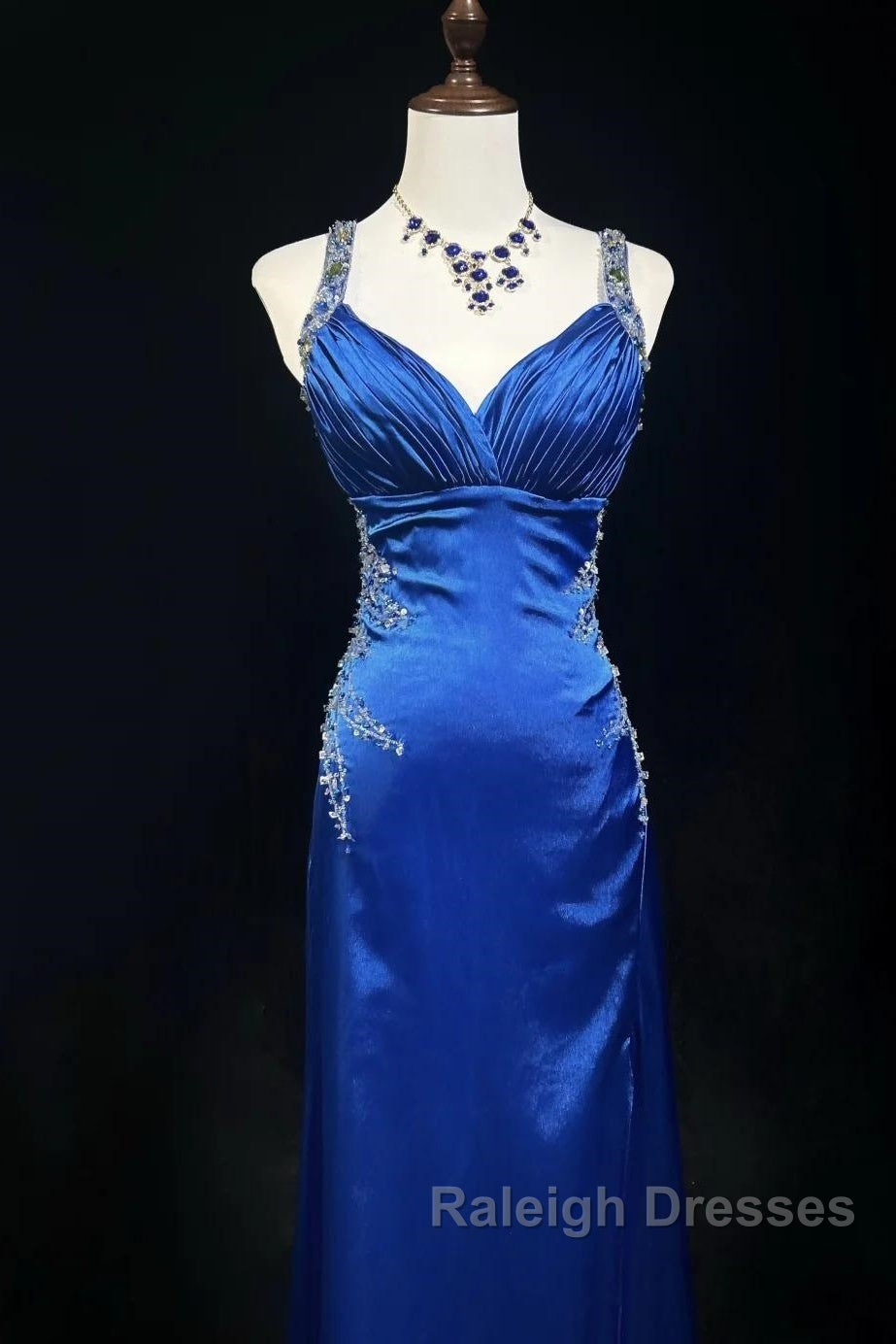 Beautiful Backless Beaded Satin Sheath Royal Blue Long Prom Dress Formal Evening Gown Secondary image