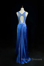 Beautiful Backless Beaded Satin Sheath Royal Blue Long Prom Dress Formal Evening Gown