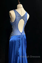 Beautiful Backless Beaded Satin Sheath Royal Blue Long Prom Dress Formal Evening Gown