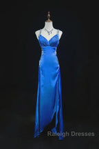 Beautiful Backless Beaded Satin Sheath Royal Blue Long Prom Dress Formal Evening Gown