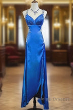 Beautiful Backless Beaded Satin Sheath Royal Blue Long Prom Dress Formal Evening Gown