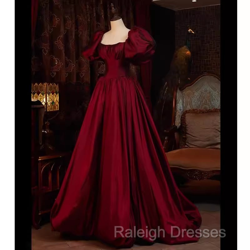 Beautiful Ball Gown Square Neckline Satin Long Red Prom Dress