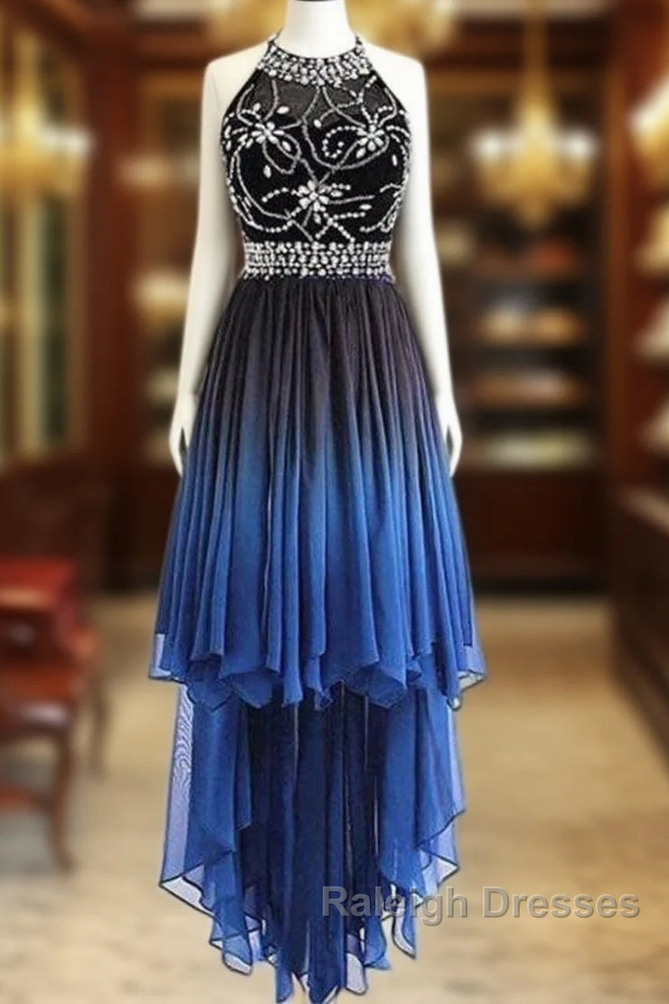 Beautiful Beaded High Low Chiffon Gradient Party Dress, Blue Homecoming Dress Main image