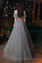 Beautiful Beaded Off Shoulder Tulle Prom Dress, A-Line Grey Evening Dress Party Dress
