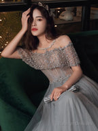 Beautiful Beaded Off Shoulder Tulle Prom Dress, A-Line Grey Evening Dress Party Dress