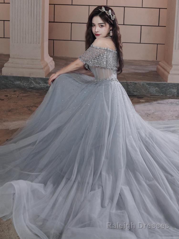 Beautiful Beaded Off Shoulder Tulle Prom Dress, A-Line Grey Evening Dress Party Dress