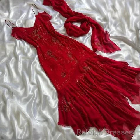 Beautiful Beaded Prom Dress Red Chiffon Mermaid Evening Dress Party Gown Main image