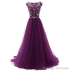 Beautiful Beaded Tulle Long Party Gown, Tulle Cap Sleeves Formal Dresses