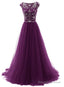 Beautiful Beaded Tulle Long Party Gown, Tulle Cap Sleeves Formal Dresses