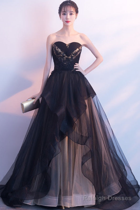 Beautiful Black And Champagne Tulle Sweethart Party Dress, Black Gown Secondary image