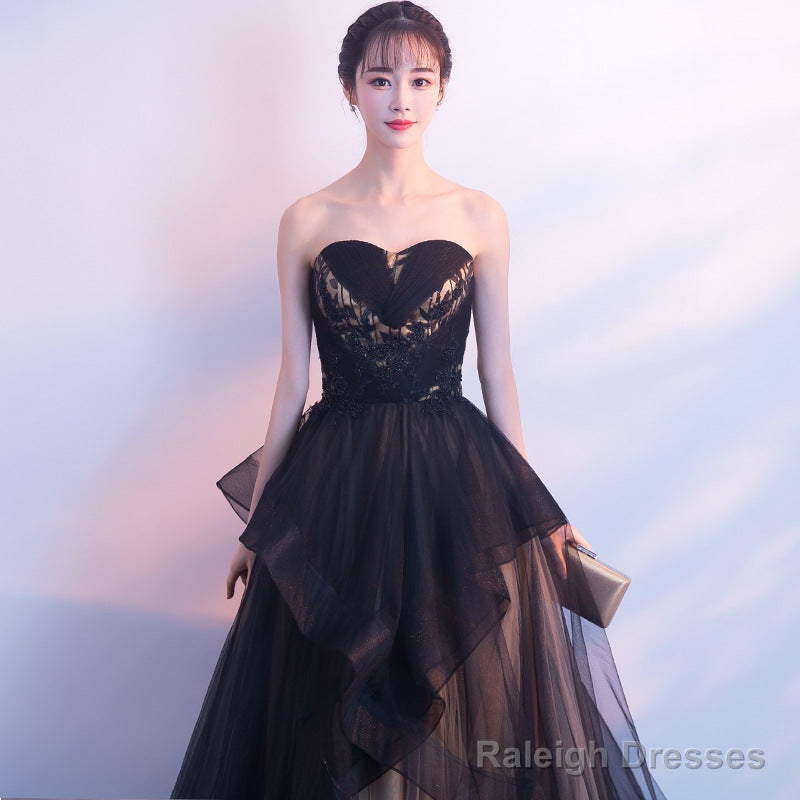 Beautiful Black And Champagne Tulle Sweethart Party Dress, Black Gown