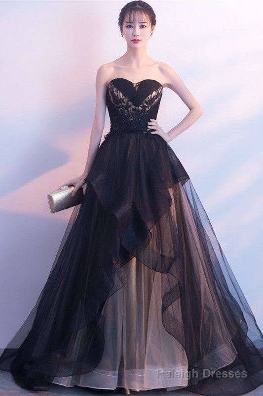 Beautiful Black And Champagne Tulle Sweethart Party Dress, Black Gown Main image