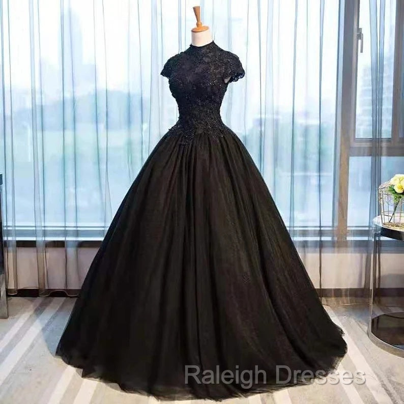 Beautiful Black Cap Sleeves Long Tulle Party Dress, Black Prom Dress