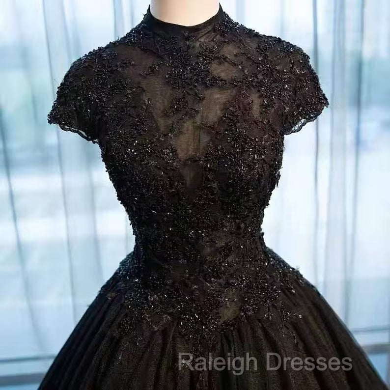 Beautiful Black Cap Sleeves Long Tulle Party Dress, Black Prom Dress