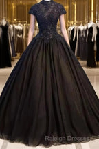 Beautiful Black Cap Sleeves Long Tulle Party Dress, Black Prom Dress