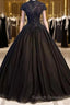 Beautiful Black Cap Sleeves Long Tulle Party Dress, Black Prom Dress