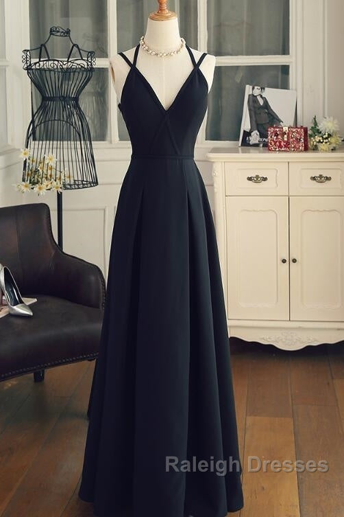 Beautiful Black Chiffon Straps Long A-Line Junior Prom Dress, Black Party Gowns Secondary image