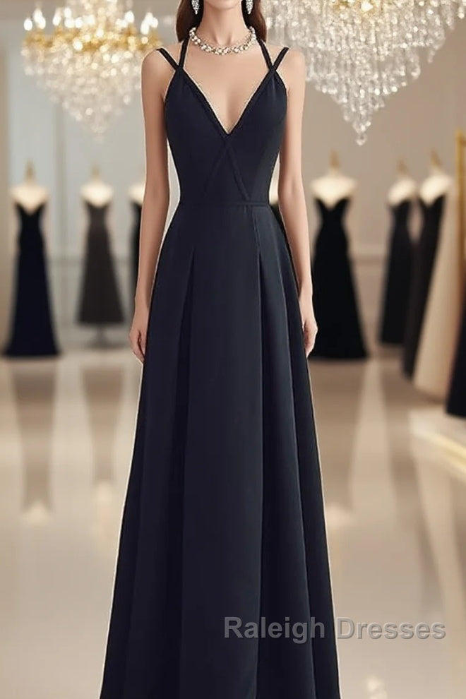 Beautiful Black Chiffon Straps Long A-Line Junior Prom Dress, Black Party Gowns Main image