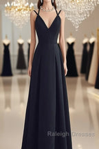 Beautiful Black Chiffon Straps Long A-Line Junior Prom Dress, Black Party Gowns