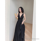 Beautiful Black Chiffon V-Neckline Long Party Dress, Black Cross Back Prom Dresses
