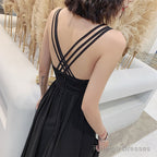 Beautiful Black Chiffon V-Neckline Long Party Dress, Black Cross Back Prom Dresses