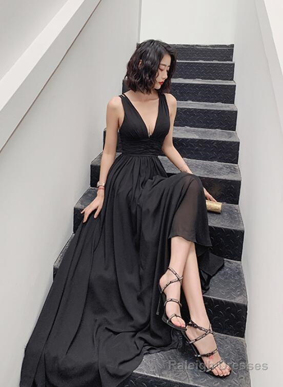 Beautiful Black Chiffon V-Neckline Long Party Dress, Black Cross Back Prom Dresses Main image