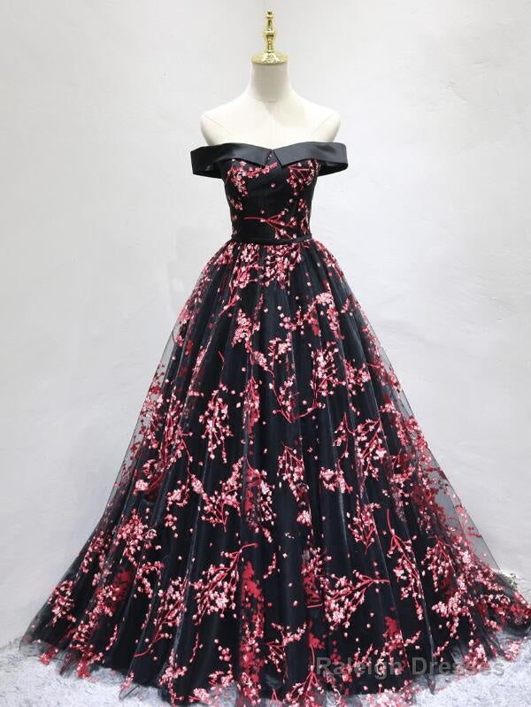 Beautiful Black Long Floral Lace Party Dress, Off Shoulder Prom Dress Main image