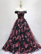 Beautiful Black Long Floral Lace Prom Dresses Off Shoulder Prom Dresses