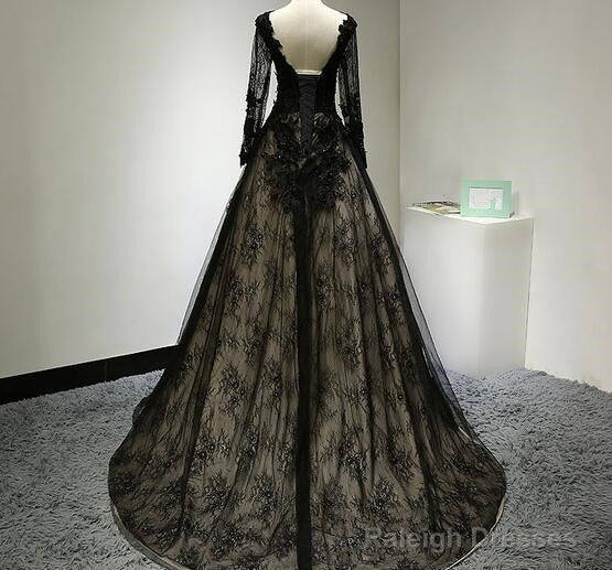 Beautiful Black Long Sleeves Lace Prom Dress, Black Evening Gown