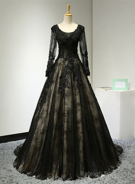 Beautiful Black Long Sleeves Lace Prom Dress, Black Evening Gown