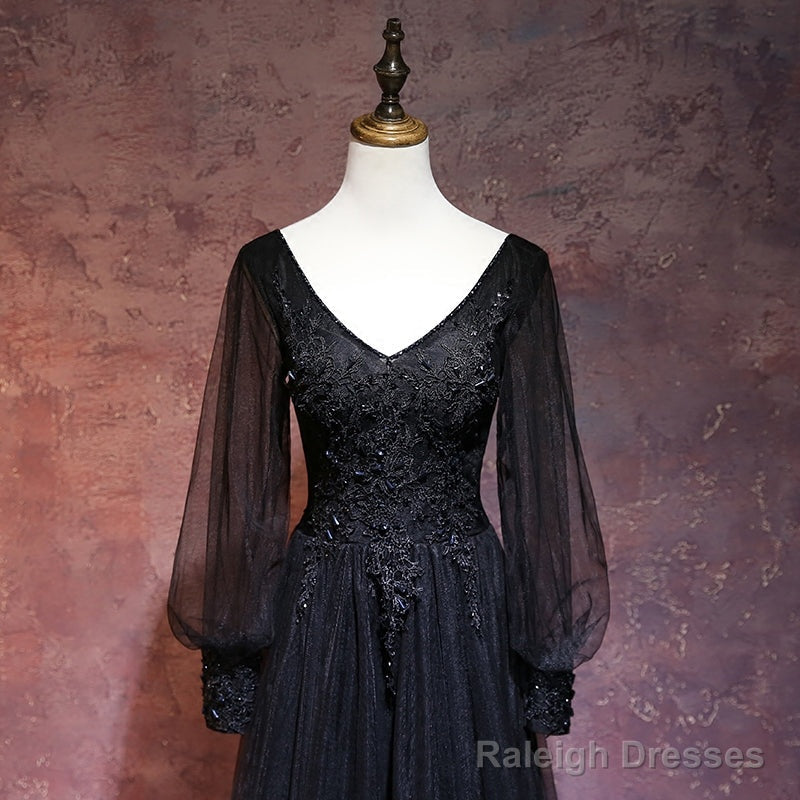 Beautiful Black Long Sleeves V-Neckline Evening Dress, Black Prom Dress Secondary image