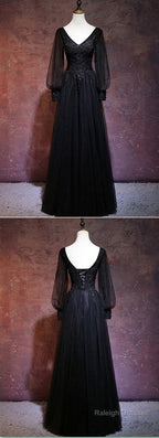 Beautiful Black Long Sleeves V-Neckline Evening Dress, Black Prom Dress