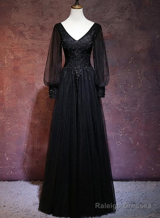 Beautiful Black Long Sleeves V-Neckline Evening Dress, Black Prom Dress Main image